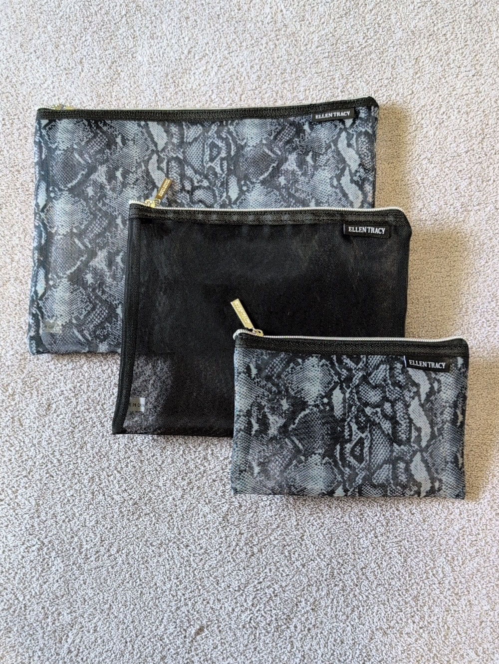 NWOT Ellen Tracy Gray & Black Snake-Print Mesh Toiletry Pouch Trio